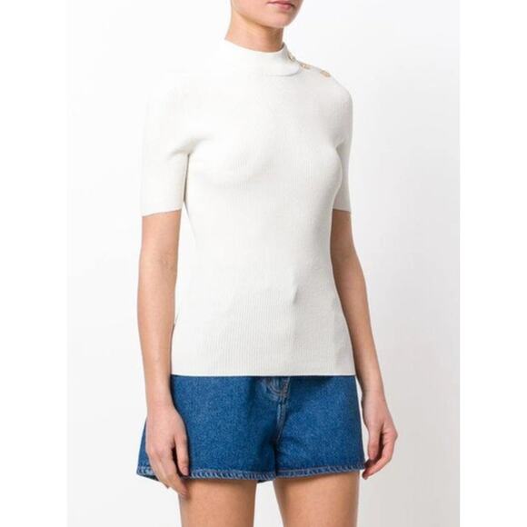 TORY BURCH Carey Mockneck Sweater Ivory Gold Logo Buttons {3Q54} - Picture 2 of 7